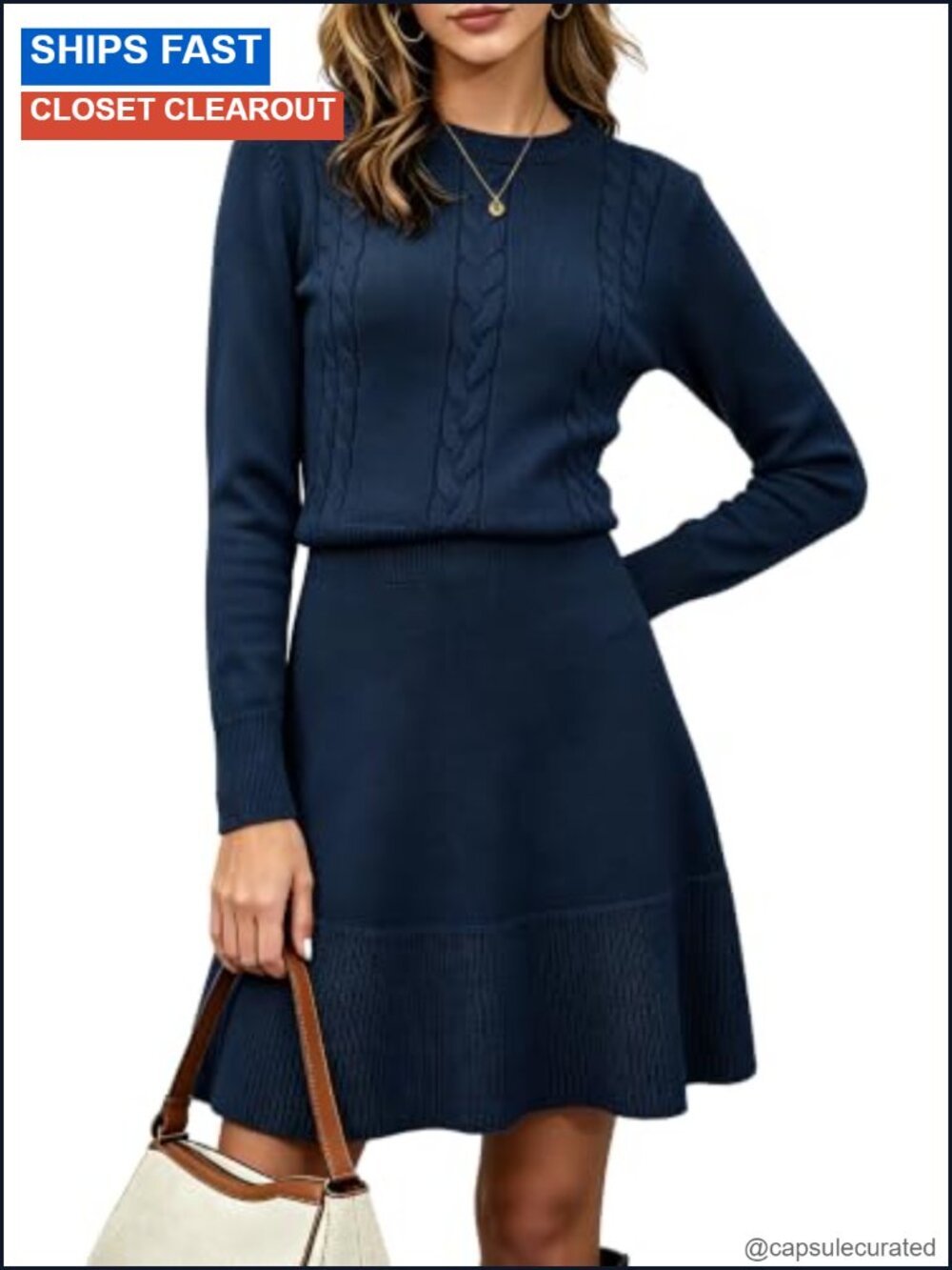 Cable Knit Sweater Dress High Waist A-Line Long Sleeve Mini Dress